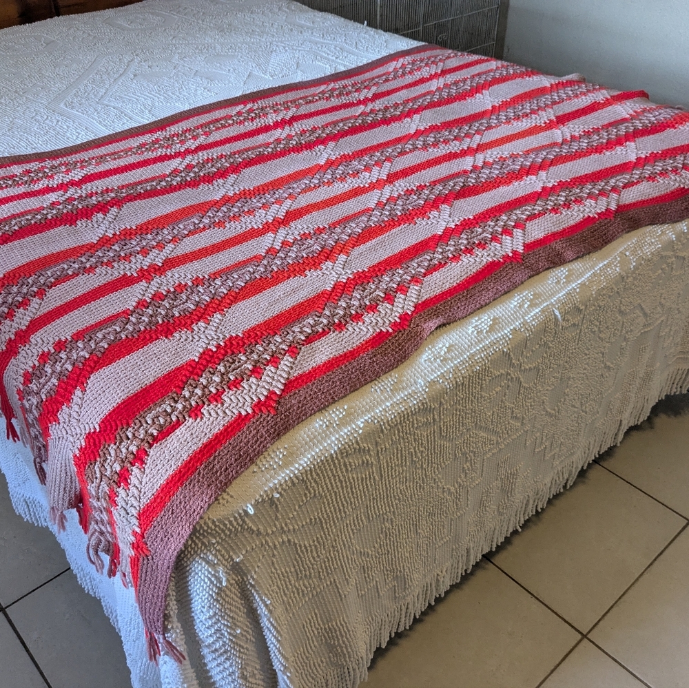 Striped Pink and White Knitted Throw Blanket